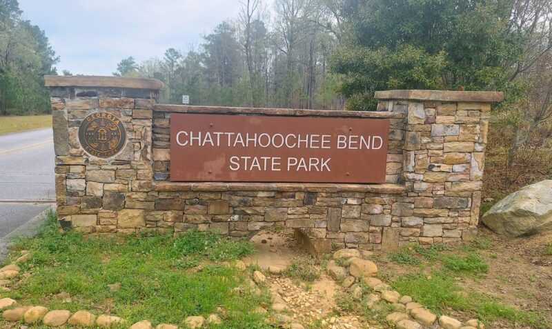 Sign at the entrance to Chattahoochee Bend State Park in Coweta County