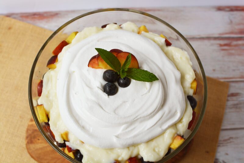 Top of the trifle with the garnish on top