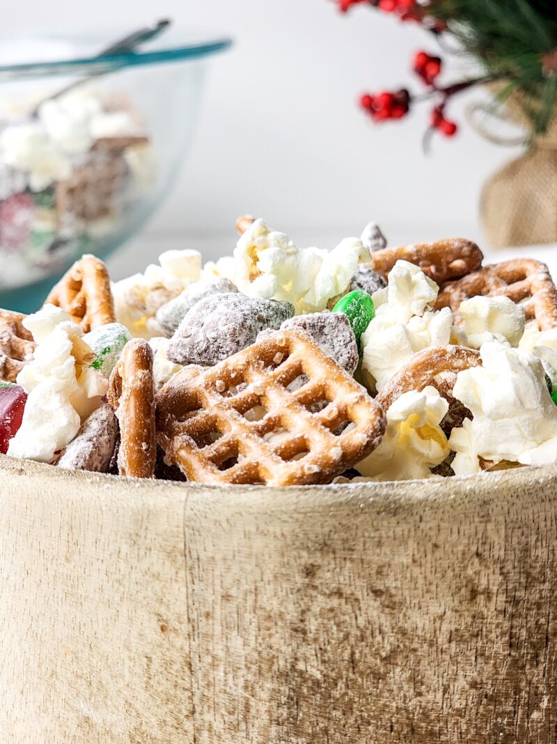 Finishing the Christmas Chex Mix