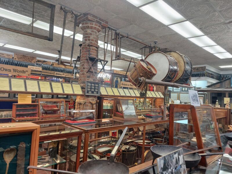 A view of the many collections of the Civil War Museum in Vicksburg, Mississippi, including cookware and musical instruments. 