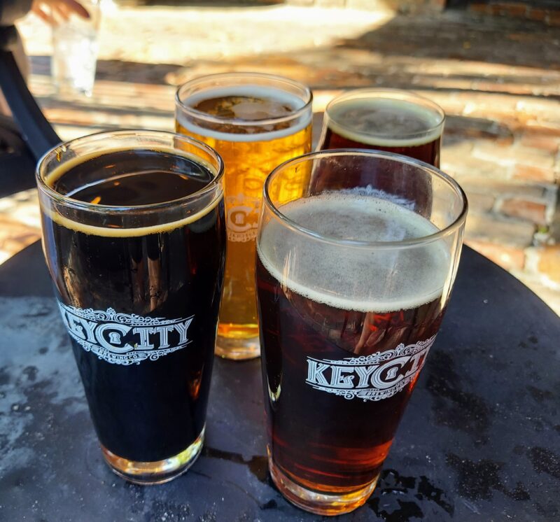 Key City Brewery in Vicksburg, Mississippi. Pictured are a selection of 4 beers in pint glasses. 