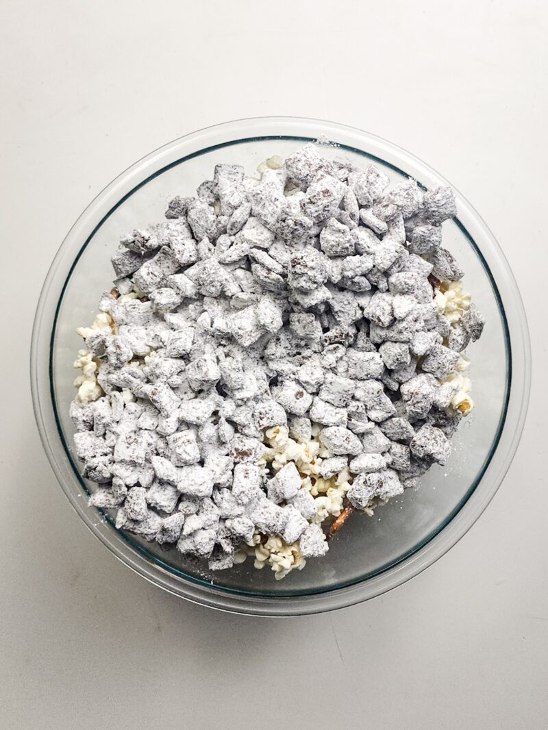 Coating the chex mix cereal with powdered sugar