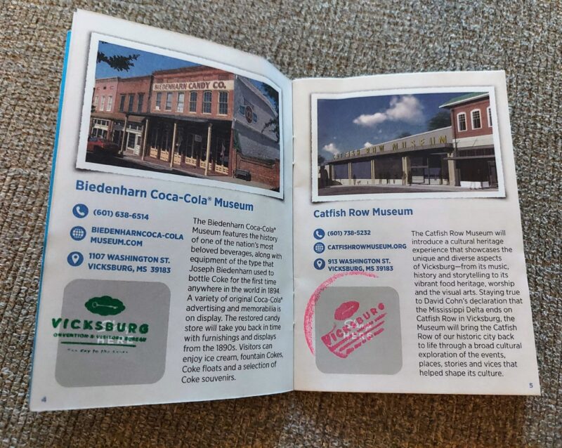 The Vicksburg City Passport shows pages from local attractions, stamped to show attendance. 