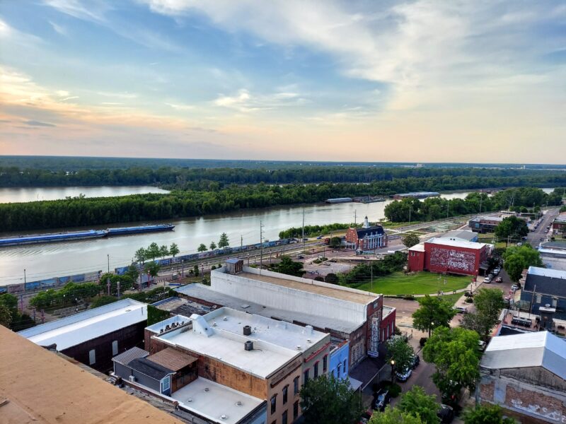 View of the waterways of Vicksburg, Mississippi, from the roof of 10 South Rooftop Bar & Grill. 